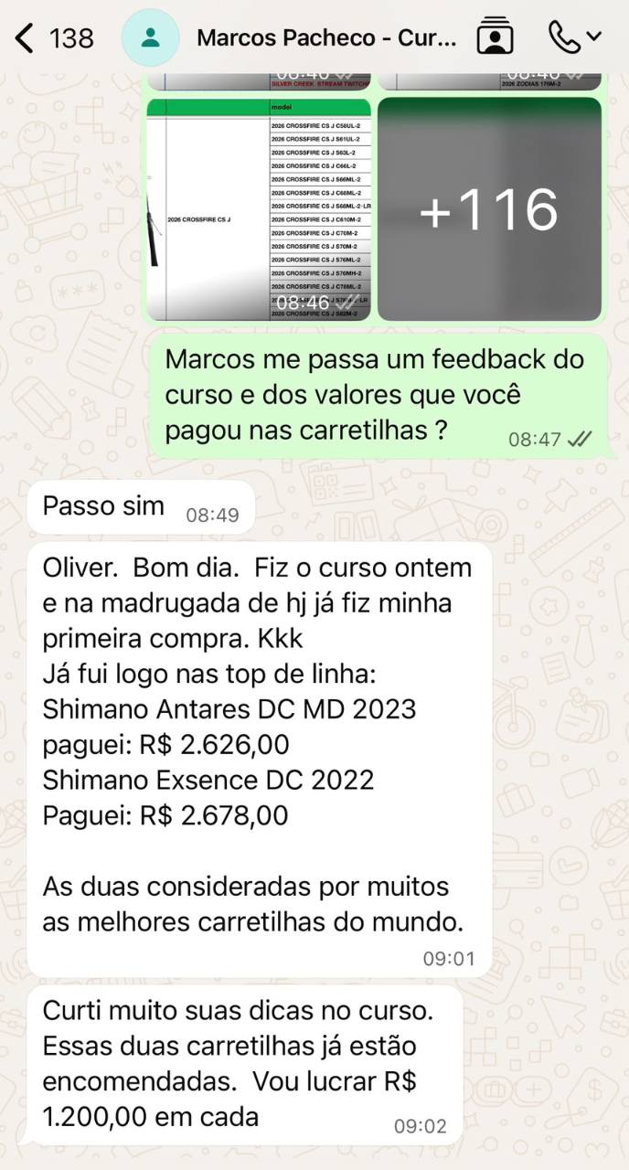 Print original de Marcos Pacheco relatando sua primeira compra: Antares DC MD 2023 e Exsence DC 2022